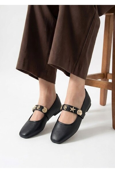 Nstil Daily Women's Black Ballerina Flats with Straps and Gold Buckle, Silent...