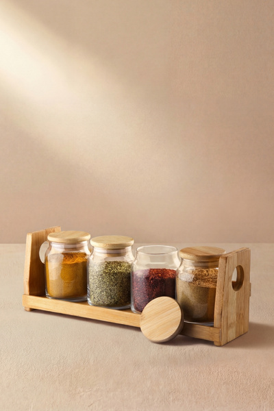 GÖNÜL COLLECTION 5-Piece Bamboo Lid Glass Spice Jar Set – with Bamboo Stand, ...