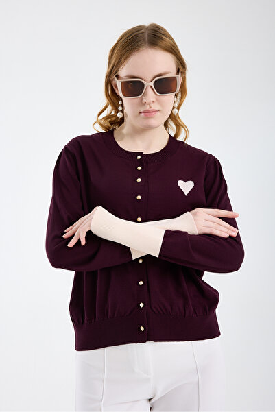 Moda Days Women's Burgundy Wide Cuff Pearl Buttoned Knitwear Cardigan