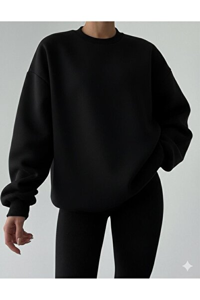 CAST COLLECTİON سويت شيرت نسائي أسود برقبة دائرية واسعة