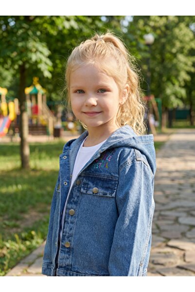 DUDOR KİDS Kız Çocuk Kapşonlu Nakışlı Kot Ceket-Jeans Ceket/Kot Mont-Jeans Mo...