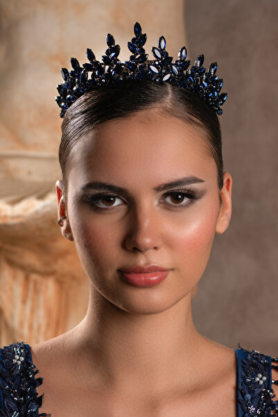 Simay Aksesuar Bindallı Tacı, Gelin Tacı ,Lacivert Kına Düğün Tacı