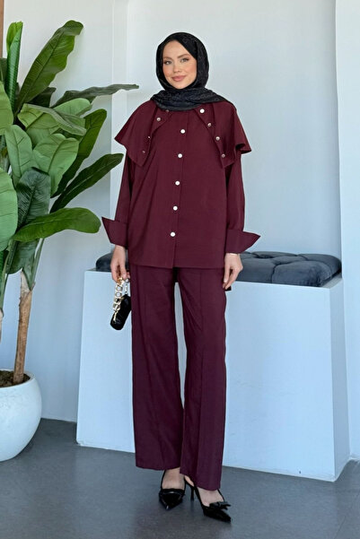 Şulemoda Giyim Costum cu pelerină Kulis, roșu claret