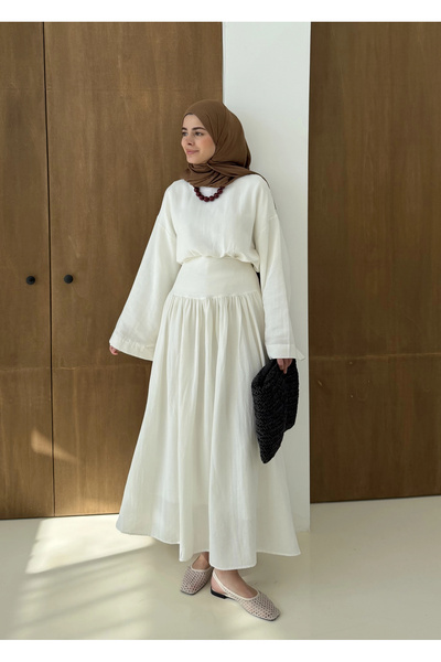 MODA AKSA 6017 YÜKSEK BEL ETEKLİ TAKIM BEYAZ