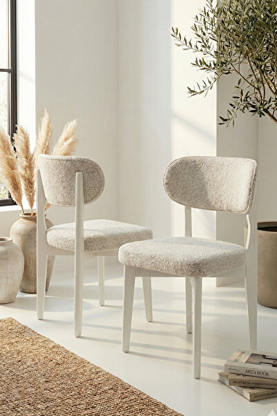 Woodenbend Cosmo Beyaz Ahşap Döşemeli Sandalye 2'li Set 54x48x80 cm – Kumaş Y...