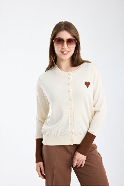 Moda Days Women's Cream Wide Cuff Pearl Buttoned Knitwear Cardigan