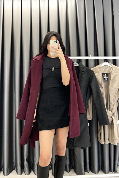 Tmptekstil Camel Hair Belted Coat - Burgundy Bordo