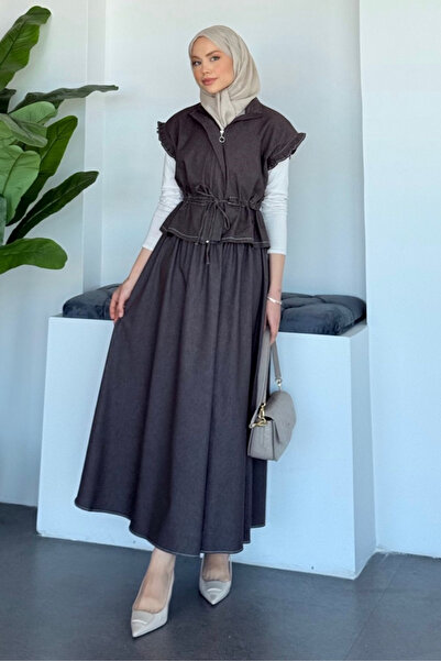 Şulemoda Giyim Σετ Τζιν με Γιλέκο και Φούστα σε Καφέ Χρώμα