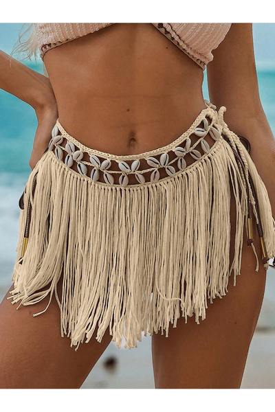 Fashioncolic Ekru Bikini Üstü Deniz Kabuklu Püsküllü Pareo,Beachwear,Bikini Ü...