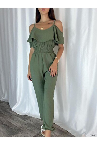 Modafeminen Elegant Ruffled Jumpsuit with Khaki Straps 582123