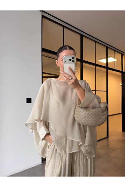 BB Bensu Buyruk Transparent Blouse with Cape Detail Stone