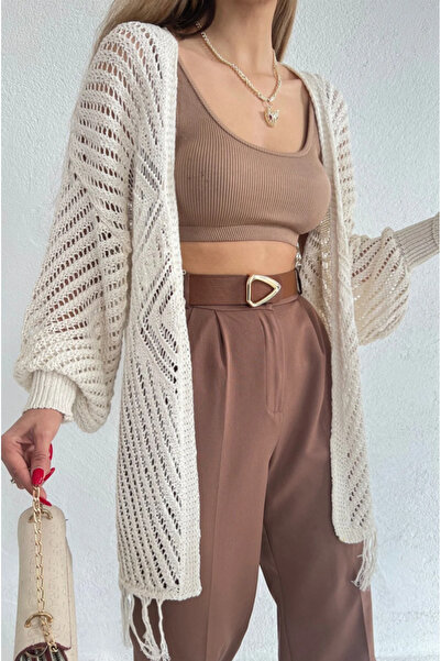 Maxi modena Openwork Patterned Cream Long Knitwear Cardigan with Tassel Detail