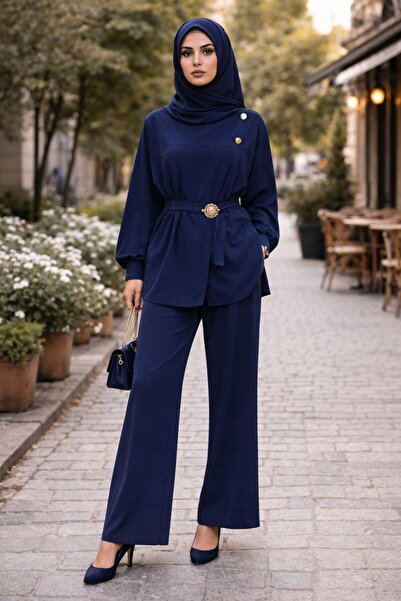 W WARGA Kruvaze Kolu Volanli Buckle-Attached Tunic with Pants Suit
