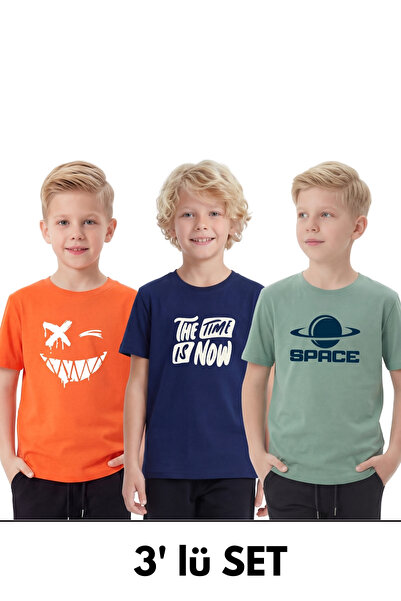 FYK COLLECTİON 3-Piece Round Neck T-Shirt for Boys with Print Detail