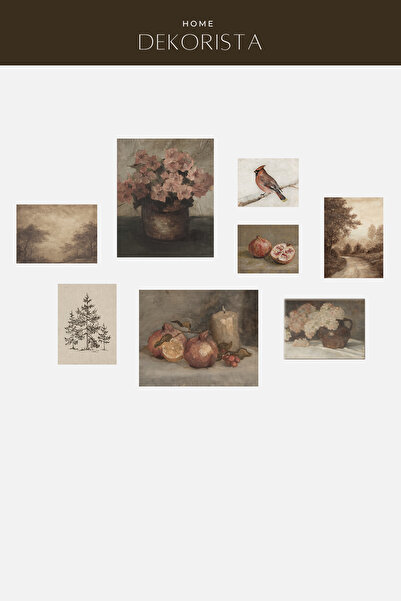 HOME DEKORİSTA Çerçevesiz 8'li Poster Seti, Vintage Resim, Çiçek Tablo, Manza...