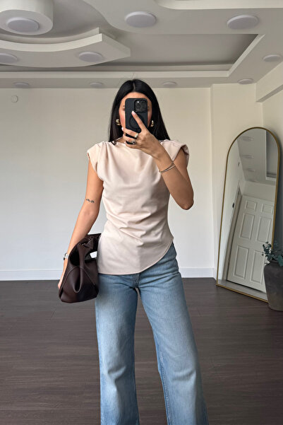 Grtrend Omuz Vatkalı Yandan Yırtmaç Detaylı Bluz-Bej