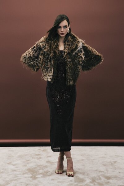 Maxi modena Leopard Pattern Faux Fur Jacket – Brown Short Women's Fur Coat