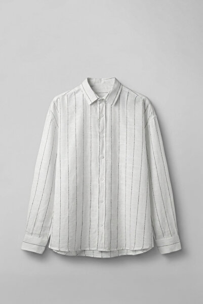 ablukaonline Men's Oversize Striped Linen Long Sleeve Shirt White