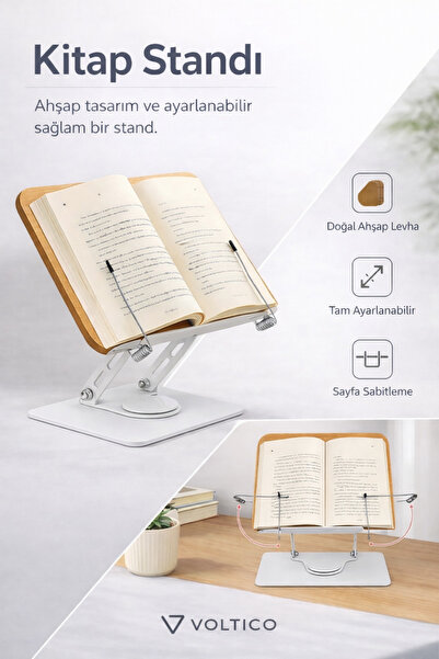 Voltico Doğal Ahşap Ayarlanabilir Kitap & Laptop Standı – 360° Döner Taban