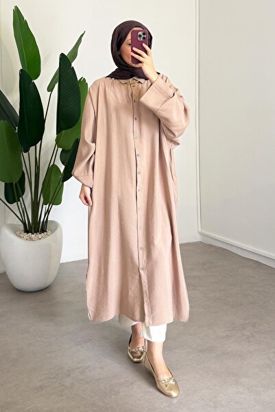 SİNDAL Tensel Uzun Gömlek Elbise - Bej