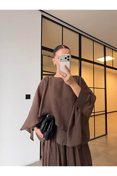 BB Bensu Buyruk Transparent Blouse with Cape Detail Brown