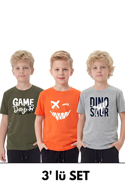 FYK COLLECTİON 3-Piece Round Neck T-Shirt for Boys with Print Detail