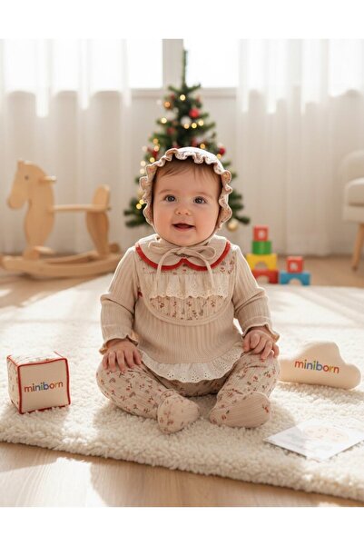 MİNİBORN 100% Cotton Heart Flower Pattern Scalloped Baby Girl Set of Five