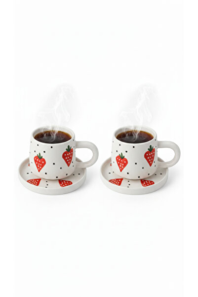 moda marifet Strawberry Patterned Ceramic Turkish Coffee Cup Set for 2 People