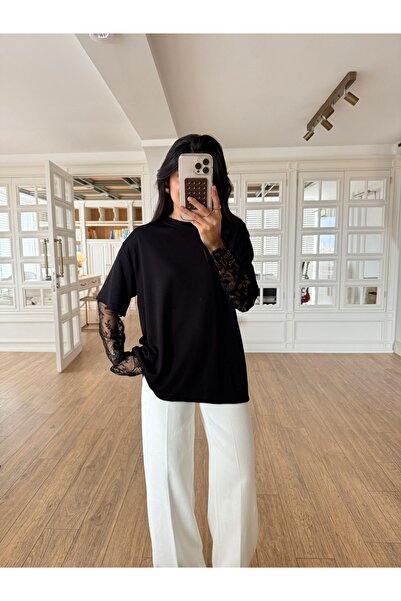 TLG GİYİM Women's Sleeve Tulle Detailed Crew Neck Basic T-Shirt