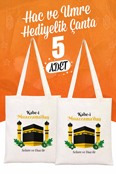 Pamusan Hac ve Umre Hediyelik Bez Çanta 35x40 - Kabe-i Muazzama’dan Selam ve Dua ile 5 ADET