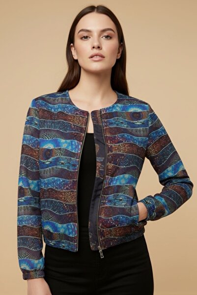 Ded COLLECTION Women's Blue Navy Blue Wave Patterned Zippered Scuba Bomber Ja...