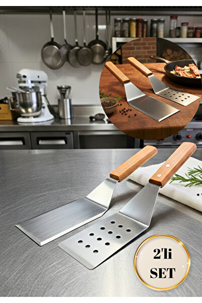 BRE HOME 2’li Ahşap Saplı Paslanmaz Çelik Izgara Spatula Seti – Delikli & Düz...