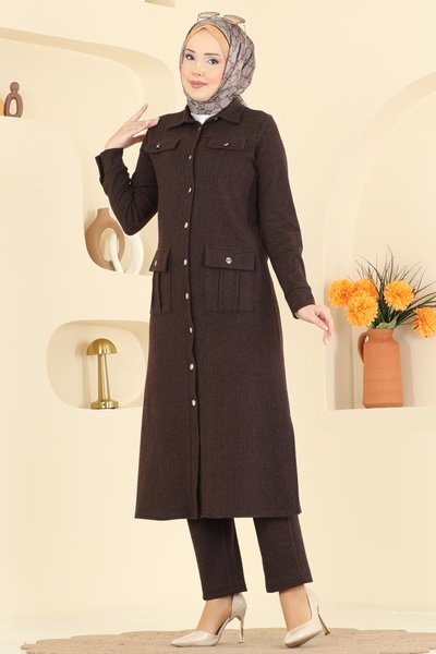 ModaMerve Önden Düğmeli Balıksırtı Takım 24022UKB139-MS Kahve