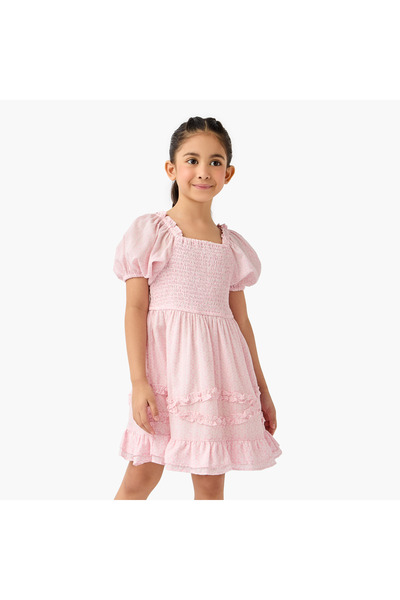 Lee Cooper Floral Print Smocked Dress with Ruffle Detail