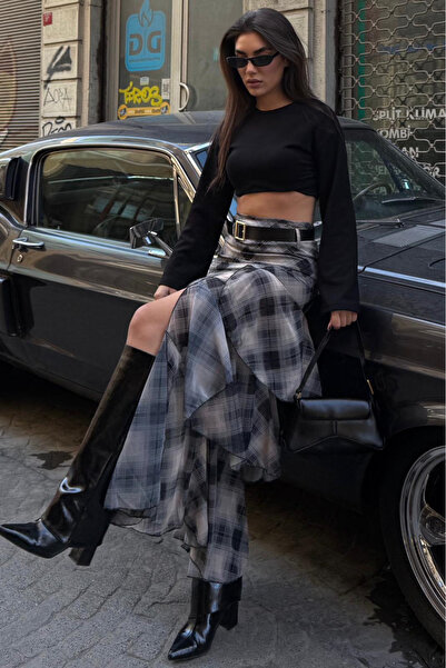 Madmext Siyah Kemerli Yırtmaçlı Ekose Desen Volanlı Etek MG2715