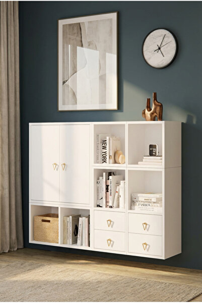 FOR WOMAN DESİGN Ahşap Kitaplık Konsol 2 Kapak 4 Çekmeceli Modern Düzen Sistemi