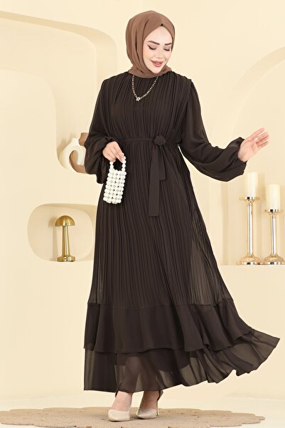 ModaMerve Piliseli Kuşaklı Şifon Abiye 5751EDF311-MS Kahve