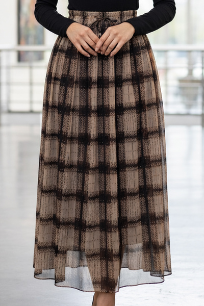 benguen Plaid Chiffon Skirt A606216 Beige