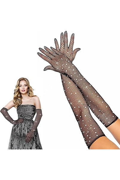 Lisinya Black Color Pearl and Diamond Embroidered Fishnet Mesh Long Gloves 45...