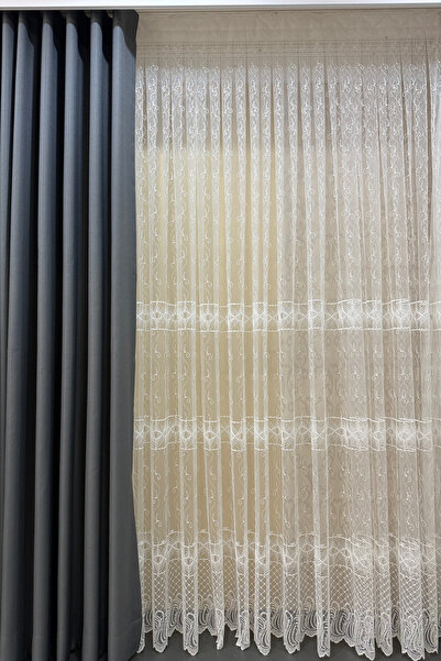 Ta-Ha Perde ve Halı Pi̇lesi̇z Senfoni̇ Pattern Embroidered Tulle Curtain, Whi...