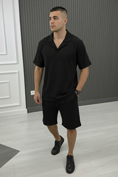 NO 601 Men's Black Wrinkled Fabric Polo Collar Short Sleeve Short T-Shirt Set
