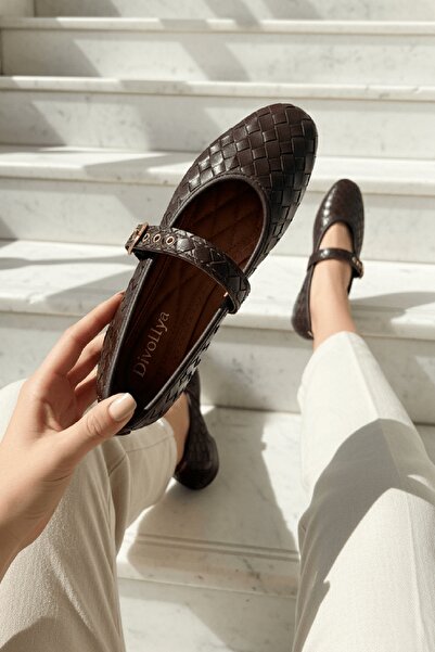 DİVOLYA Balerini maro împletit (2 cm) cu vârf oval pentru utilizare zilnică