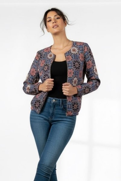 Ded COLLECTION Women's Bohemian Colorful Mandala Patterned Zippered Scuba Bomber Jacket