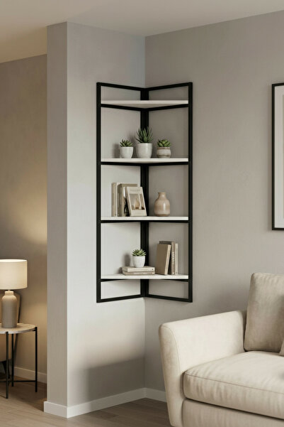 Euromob Köşe Duvar Rafı, 4 Katlı ,Siyah Metal, Modern Dekoratif Duvara Monte ...