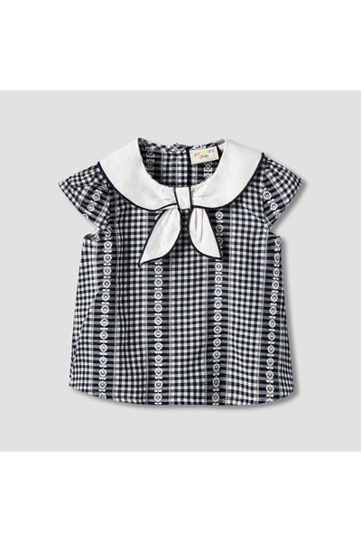 Juniors Peter Pan Collar Cap Sleeves Top with Checked Design