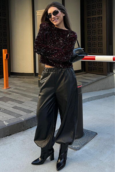 Madmext Black Elastic Waist Women's Leather Balloon Pants Mg2701