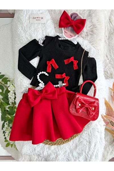 ÖZSEMODA Black Ribbon Bodysuit with Bag and Red Skirt Set