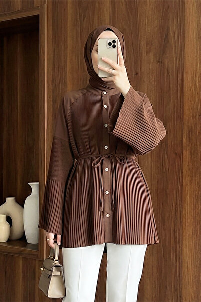 MODAQU Lace-Up Tunic Shirt with Pleated Front and Sleeves - Brown