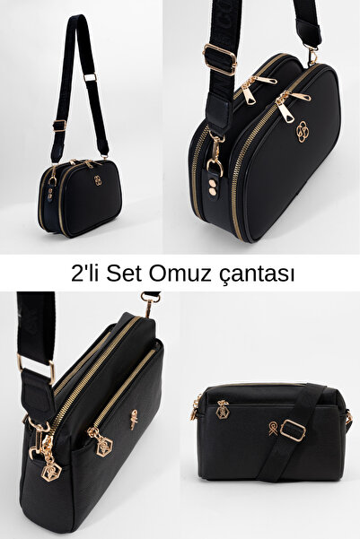 macsoo Set de 2 genți de umăr pentru femei, din piele artificială neagră, cu ...