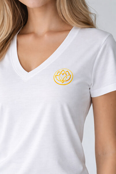 TWINTICKS White Yoga Printed V-Neck Women's T-Shirt – White Cotton Relaxed Fit